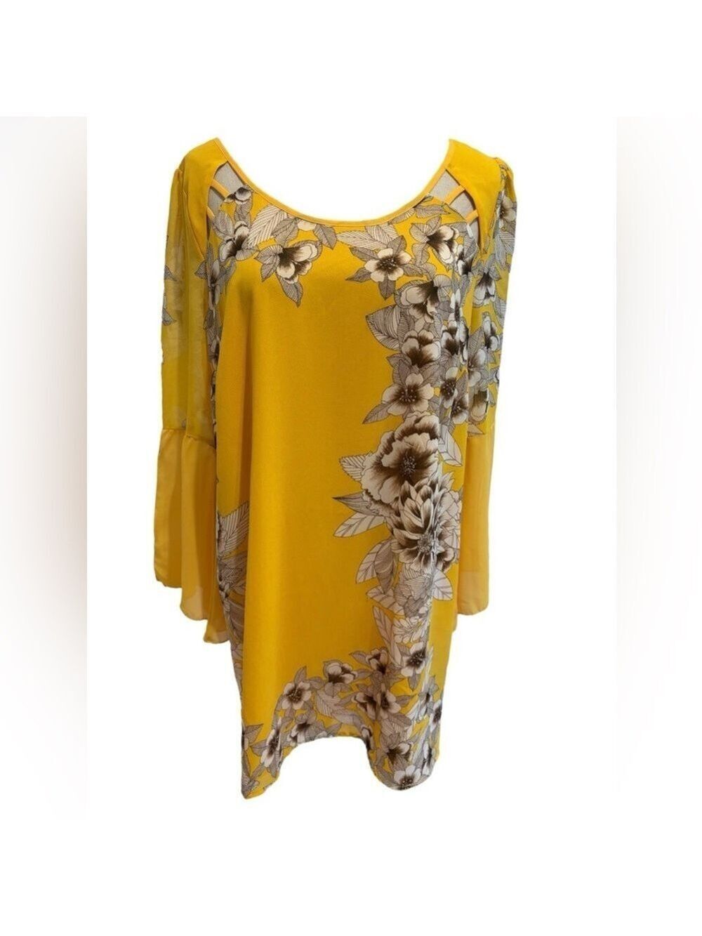 NWOT MARIGOLD YELLOW FLORAL TUNIC DRESS SHEER BELL SLEEVES GARDEN GIRL UMGEE S